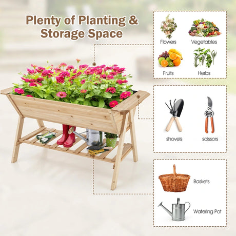 Raised Wood Garden Bed with Shelf and Liner
