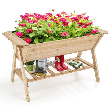 Raised Wood Garden Bed with Shelf and Liner