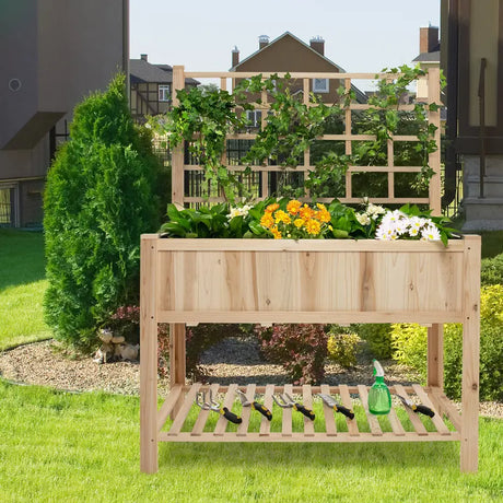 Costway Raised Garden Bed Elevated Wooden Planter Box with Trellis
