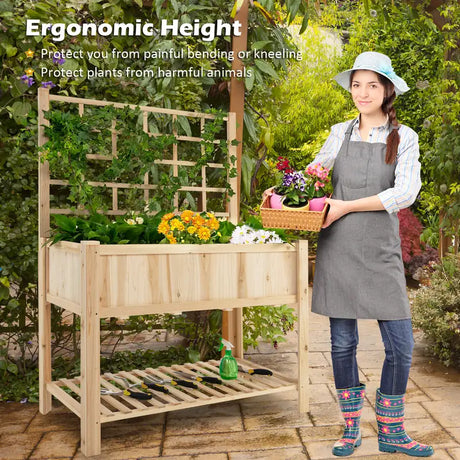 Costway Raised Garden Bed Elevated Wooden Planter Box with Trellis