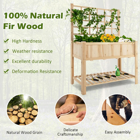Costway Raised Garden Bed Elevated Wooden Planter Box with Trellis