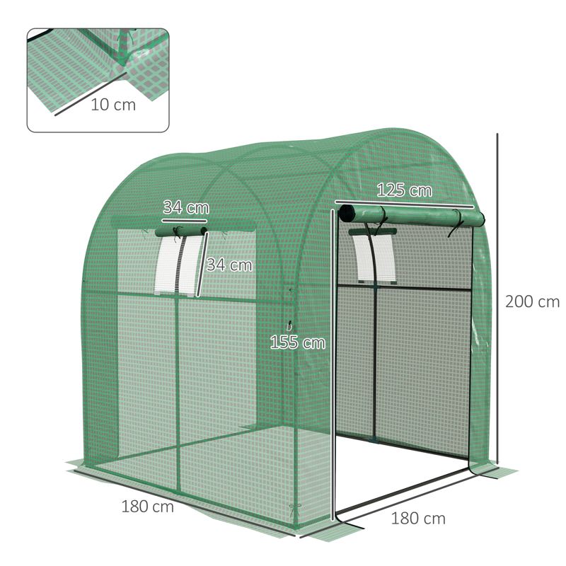 Outsunny Polytunnel Greenhouse Walk-in Grow House with UV-resistant PE Cover, Doors and Mesh Windows, 1.8 x 1.8 x 2m, Green