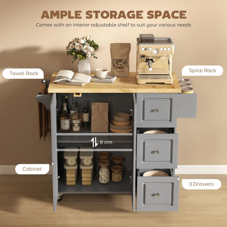 HOMCOM Kitchen Island on Wheels, Rolling Kitchen Storage Trolley with Drop Leaf, Drawers, Towel and Spice Rack, Grey