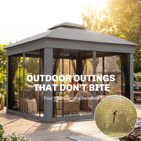 Outsunny 3 x 3 m Outdoor Garden Gazebo with Post Shelves, UPF50+ Double Roof Patio Permanent Pavilion, Grey