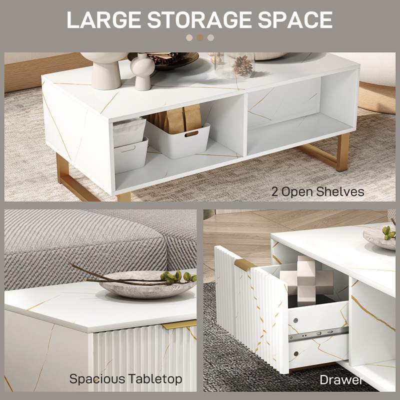 HOMCOM Elegant Marble Effect Storage Coffee Table - White