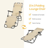 Outsunny 2 in 1 Folding Sun Lounger Reclining Garden Chair Set of 2 with 2-Level Adjustable Backrest, Outdoor Zero Gravity Recliner Garden Chairs with Head Pillow and Armrests, Beige