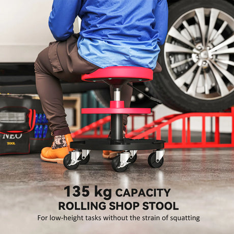 HOMCOM Rolling Mechanic Stool, 135kg Capacity Workshop Stool, 360 Swivel Roller Padded Creeper Seat with Wheels, Tool Trays Storage for Garage, Shop, Auto Repair, Red