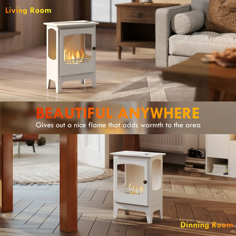 HOMCOM Freestanding Ethanol Fireplace, Steel Bioethanol Fireplace with Stainless Steel Flame Snuffer, 1.2L Tank, 3 Hours Burning Time for Indoor, White