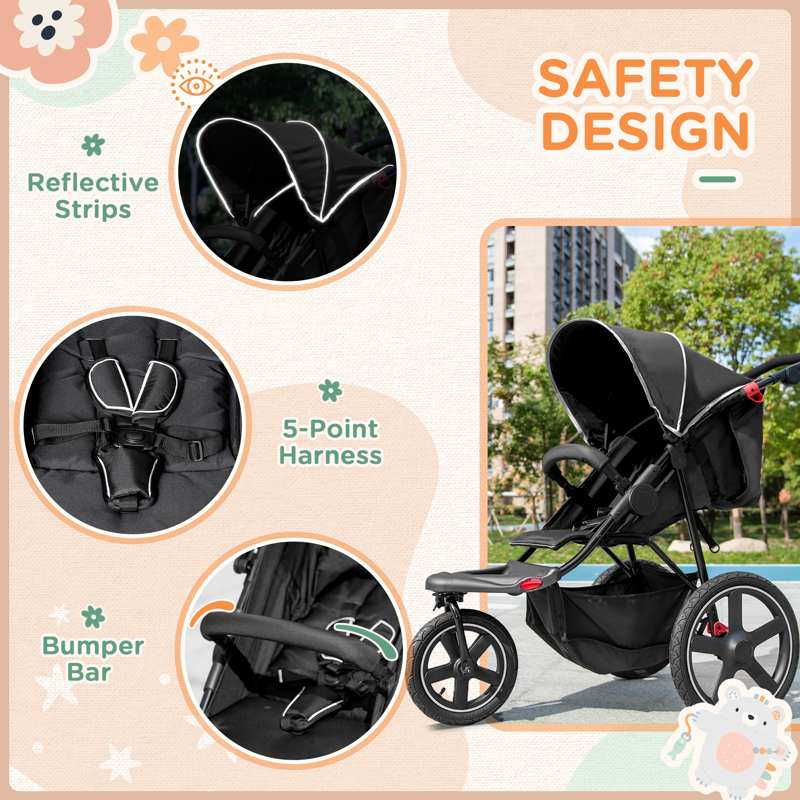 HOMCOM Foldable Three-Wheeler Baby Stroller w/ Canopy, Storage Basket - Black