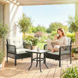 Outsunny 3 Pieces Rattan Bistro Set with Glass Top Coffee Table, Chairs and Cushions for Outdoor, Patio, Balcony, Cream