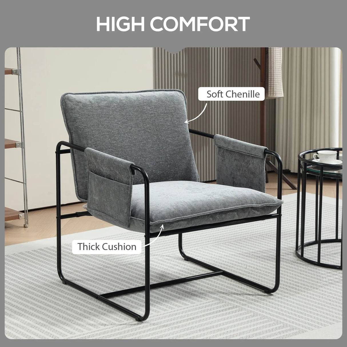 HOMCOM Minimal Padded Accent Chair, with Pockets - Grey