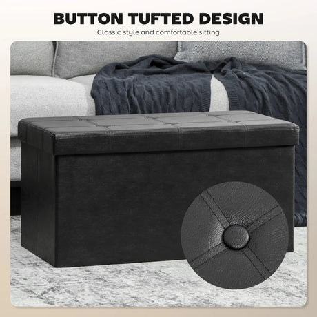 HOMCOM Storage Ottoman Bench, 89L PU Leather Folding Foot Rest Stool, End of Bed Bench, Easy Assembly, for Living Room, Bedroom, Entryway, Black