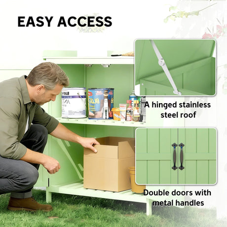 Outsunny Wooden Garden Shed, Garden Tool Storage Shed with Hinged Roof and Shelf, Outdoor Storage Cabinet with Double Doors, Light Green