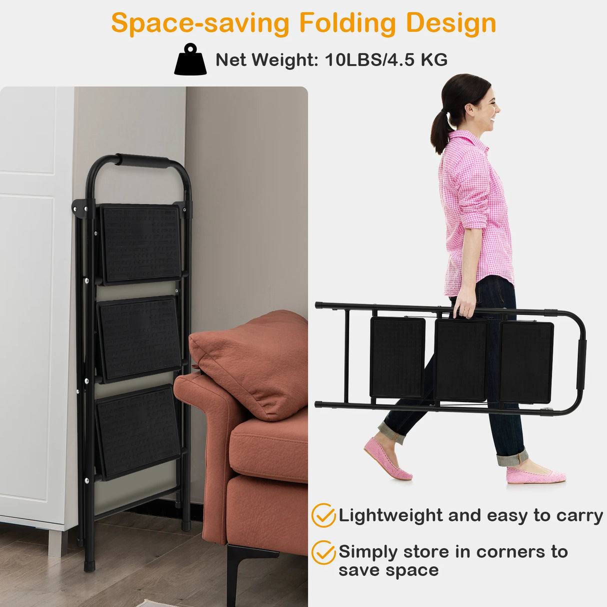 3 Step Ladder with Wide Anti-Slip Pedal for Household/Office/Garden