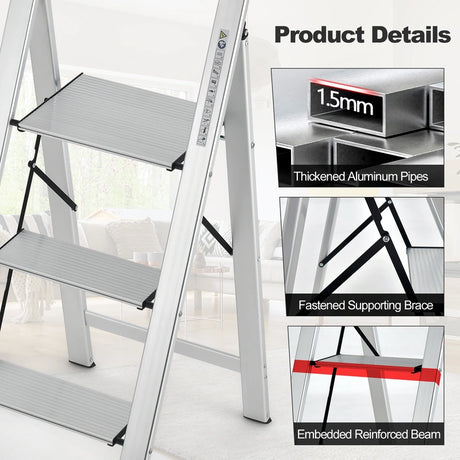 3-Step Ladder Aluminum Folding Step Stool with Non-Slip Pedal and Footpads-Sliver