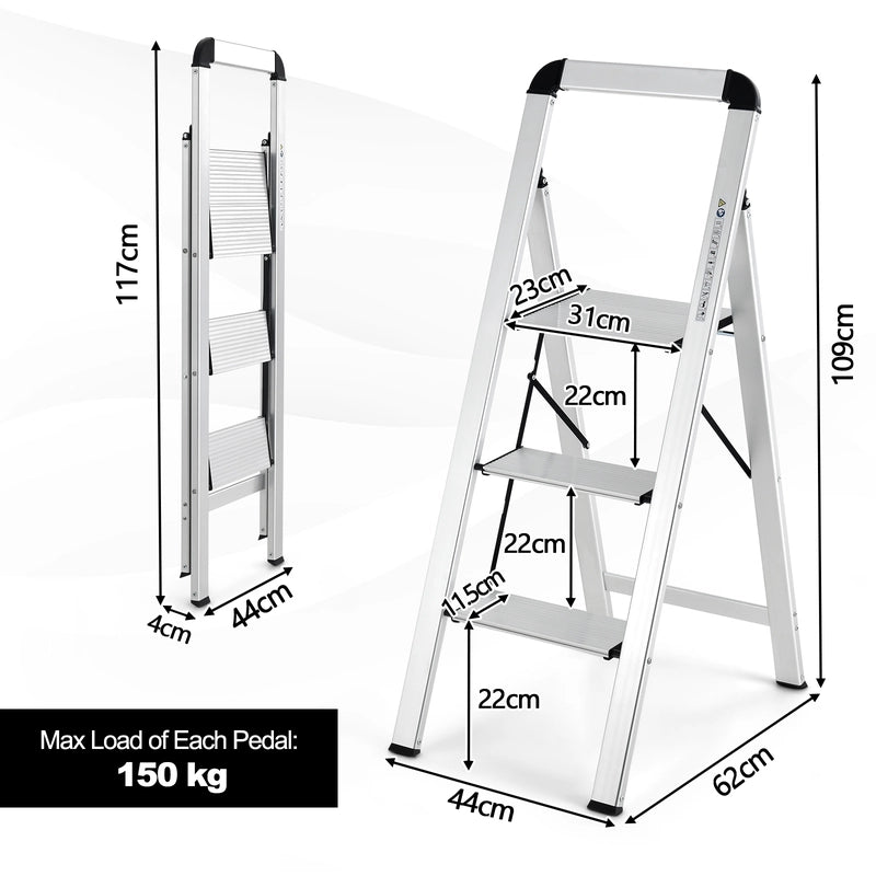 3-Step Ladder Aluminum Folding Step Stool with Non-Slip Pedal and Footpads-Sliver