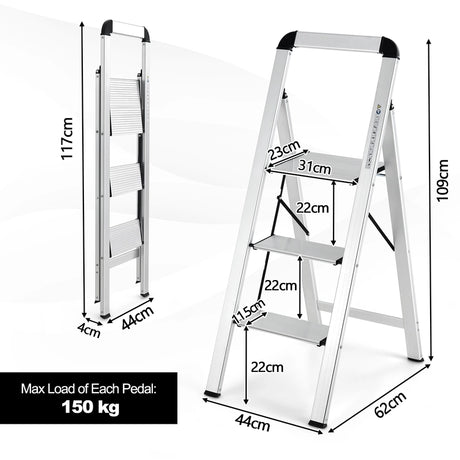 3-Step Ladder Aluminum Folding Step Stool with Non-Slip Pedal and Footpads-Sliver