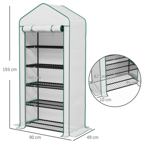 Outsunny 5 Tier Widened Mini Greenhouse with Reinforced PE Cover, Portable Indoor Outdoor Green House with Roll-up Door and Wire Shelves, 193H x 90W x 49Dcm, White