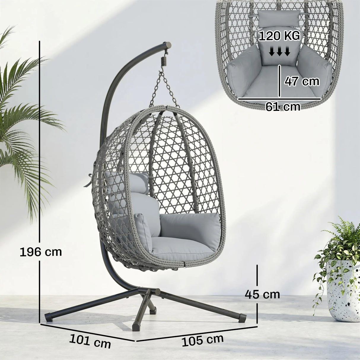 Outsunny Hanging Egg Chair, Indoor Outdoor Rattan Hammock Swing Chair with Stand, Safety Strap, Foldable Basket, Dark Grey