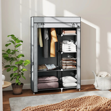 HOMCOM Fabric Wardrobe, Portable Wardrobe with 6 Shelves, 1 Hanging Rail, Foldable Closets, 103 x 43 x 162.5 cm, Light Grey
