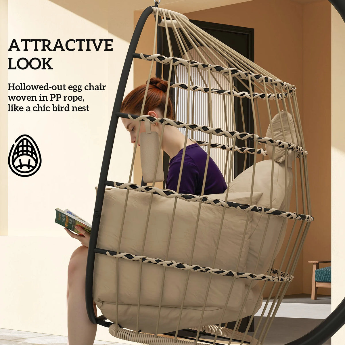 Outsunny Hanging Egg Chair Outdoor Indoor Garden Swing Chair with Folding Basket and Thickened Cushion, Garden Hanging Chair with Stand, Headrest, Cup Holder for Patio, Balcony, Khaki