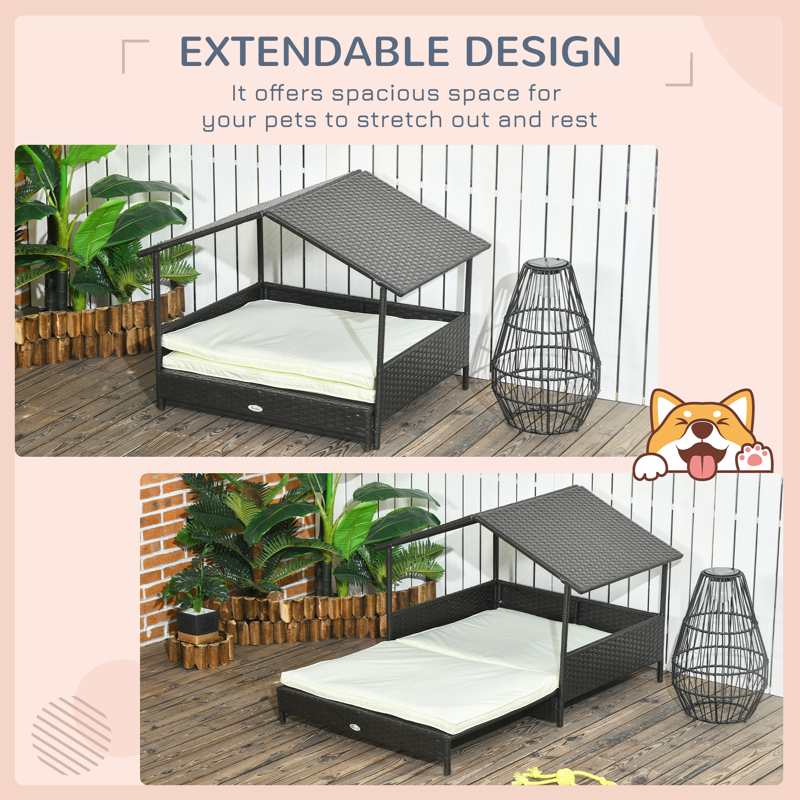 PawHut Extendable Elevated Dog Bed, Rattan Dog House, with Water-Resistant Roof, Removable Cushion, Cream