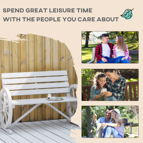 Outsunny Wooden Cart Wagon Wheel 2 Seater Garden Bench Outdoor Garden Armrest Chair Rustic High Back Loveseat Grey