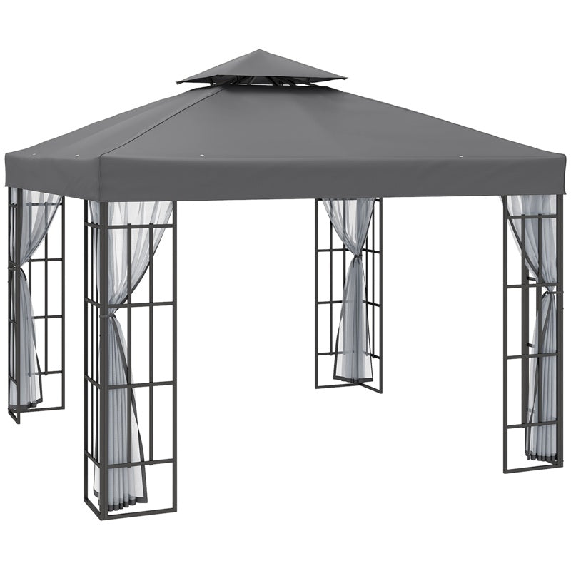 Outsunny 3 x 3(m) Patio Gazebo Canopy Garden Pavilion Tent Shelter with 2 Tier Roof and Mosquito Netting, Steel Frame, Grey