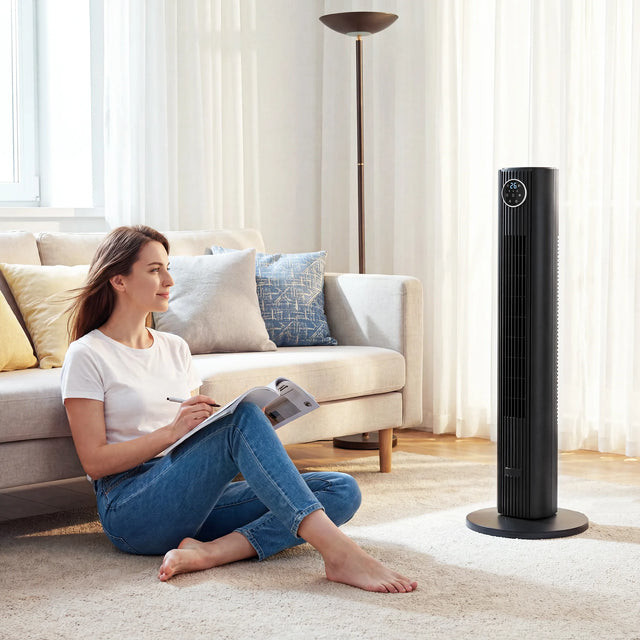 HOMCOM 28dB Tower Fan for Bedroom, 36 inch, 8 m/s Velocity Standing Cooling Fan with 80 Oscillating, BLDC Motor, 12 Speeds, LED Display, 4 Modes, 12H Timer, Remote Control, Black