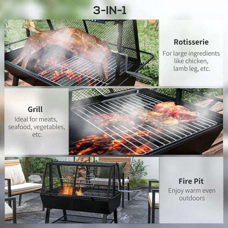 Outsunny 3-in-1 Barbecue Grill, Rotisserie Roaster and Fire Pit, with Cover