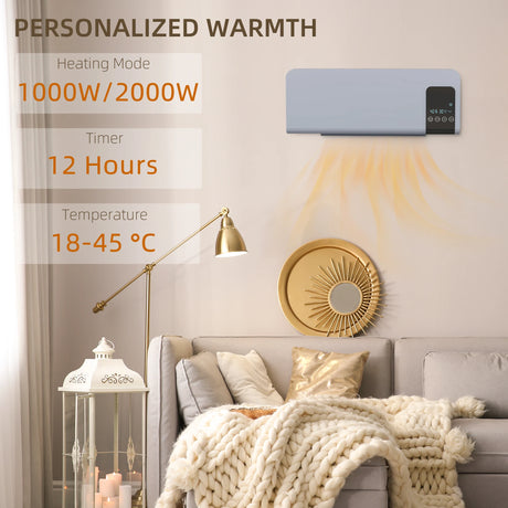 HOMCOM 2000W Wall Mounted Heater, 18-45C Temperature, Grey