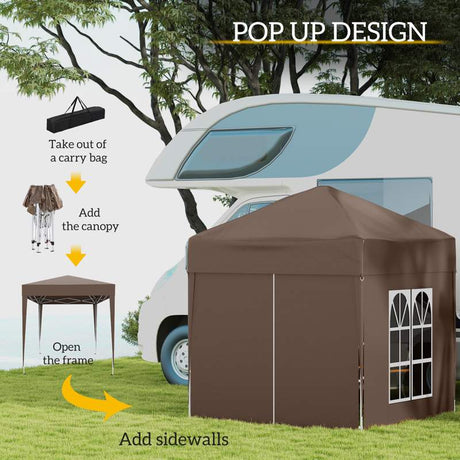 Outsunny 2 x 2 m Garden Pop Up Gazebo, Wedding Party Tent Marquee, Water Resistant Awning Canopy with Sidewalls, Windows, Carry Bag, Coffee