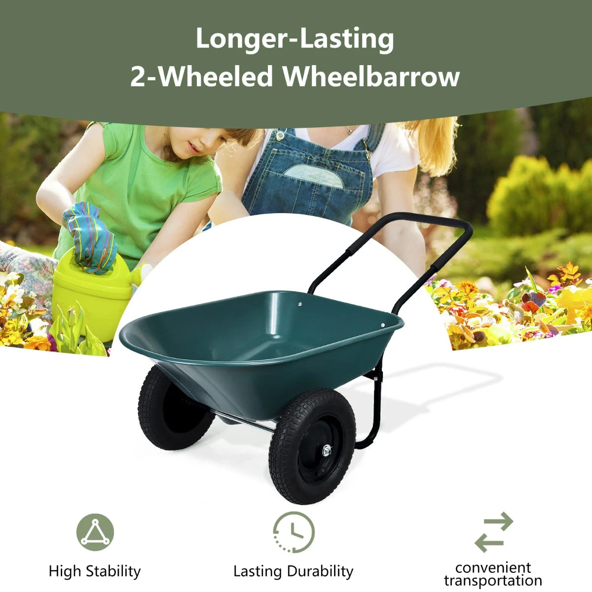 2 Tire Wheelbarrow Garden Dolly Utility Cart with14 inch Pneumatic Tires-Green