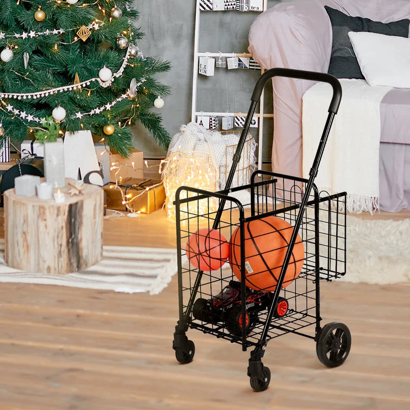 Folding Shopping Cart Basket Rolling Trolley with Adjustable Handle-Black