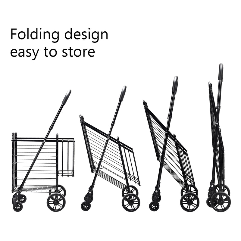 Folding Shopping Cart Basket Rolling Trolley with Adjustable Handle-Black