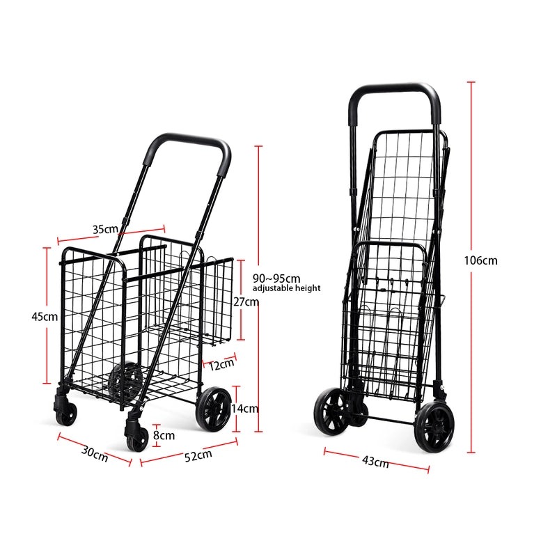 Folding Shopping Cart Basket Rolling Trolley with Adjustable Handle-Black