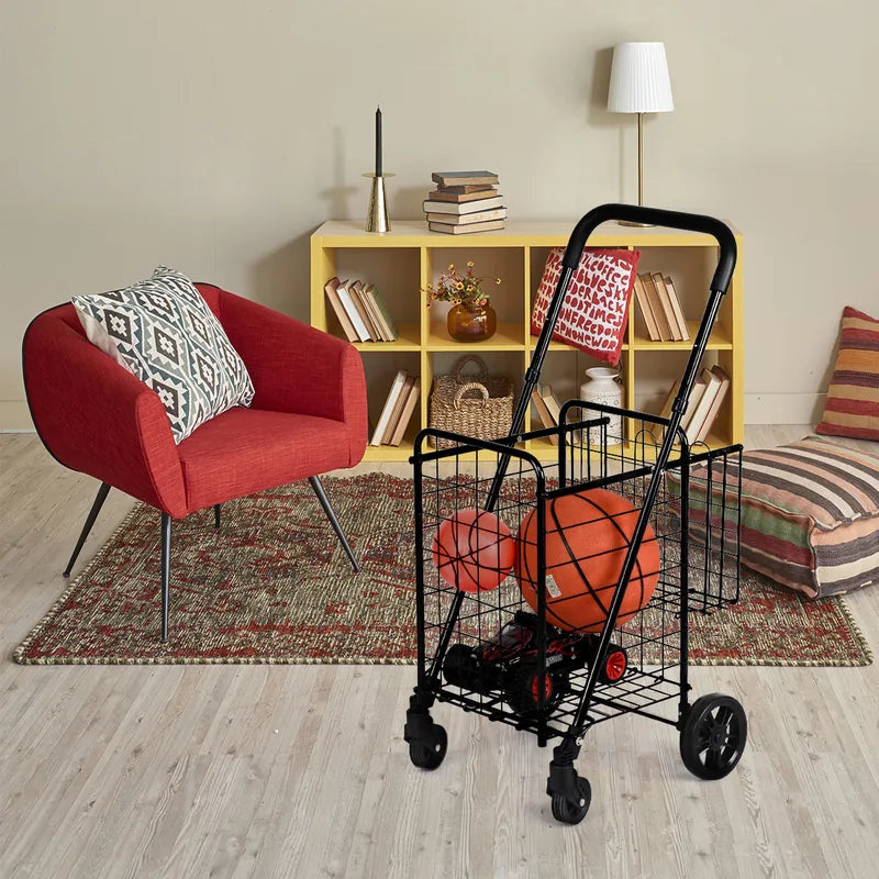 Folding Shopping Cart Basket Rolling Trolley with Adjustable Handle-Black