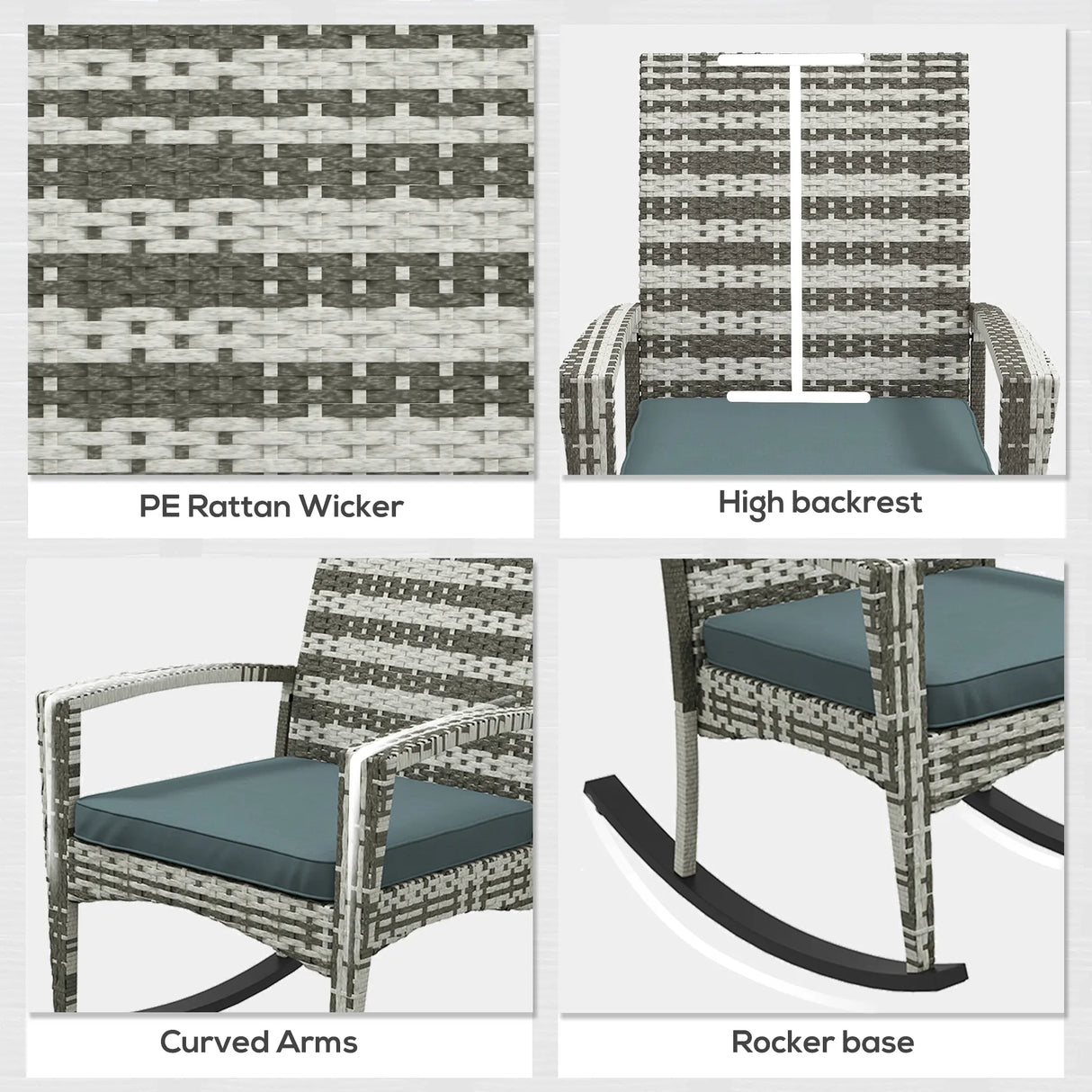 Outsunny PE Rattan Garden Rocking Chair, Outdoor Rocking with Cushion, 160 KG Capacity Wicker Garden Armchair Rocker with Metal Frame for Patio, Porch, Balcony, Light Grey