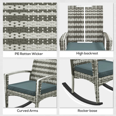 Outsunny PE Rattan Garden Rocking Chair, Outdoor Rocking with Cushion, 160 KG Capacity Wicker Garden Armchair Rocker with Metal Frame for Patio, Porch, Balcony, Light Grey