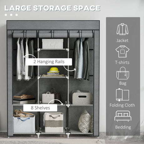 HOMCOM Fabric Wardrobe, with Rails and Shelves - Dark Grey