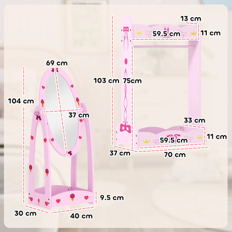 AIYAPLAY Kids Clothes Rail, Kids Dressing Mirror with 360 Rotating, 2 Piece Kids Furniture Set with Storage Shelves, Pink