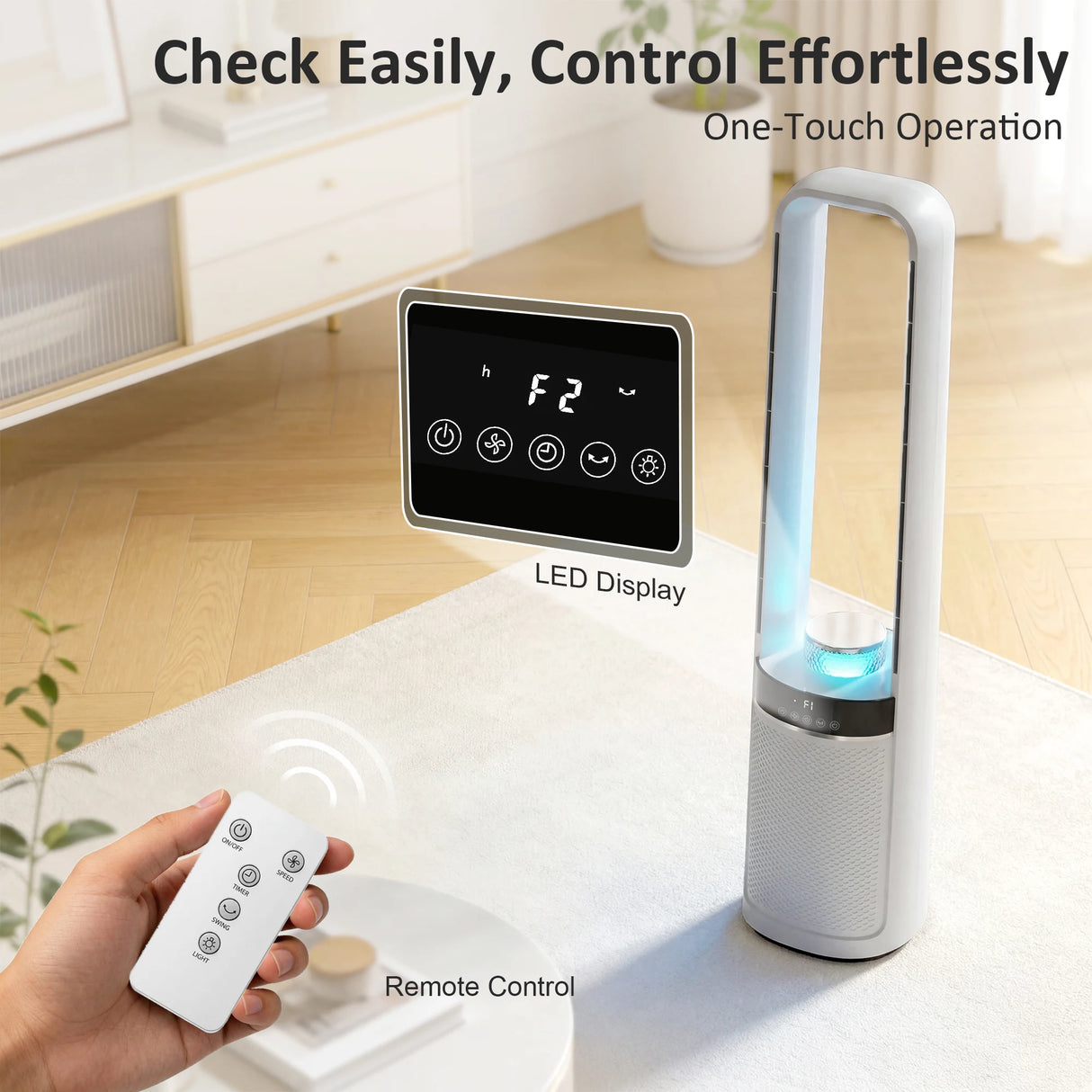HOMCOM Bladeless Tower Fan, 36dB Standing Cooling Fan with Oscillating, LED Lights, 3 Speeds, 12H Timer, Remote Control