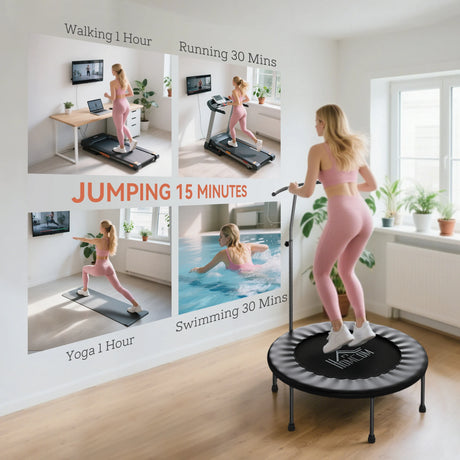 HOMCOM 40" Fitness Trampoline with Adjustable Handle, Rebounder Trampoline, Mini Jumper for Indoor Exercise Workout, Black