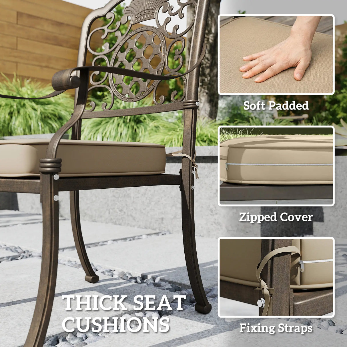 Outsunny Garden Dining Set for 6, Cast Aluminium Outdoor Table and Chairs Set with Cushions, Parasol Hole for Patio, Bronze Tone