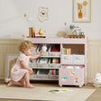 AIYAPLAY Kids Toy Storage Unit with 11 Bins, Cabinet, Top Shelves, 3 Stickers, for Nursery, Playroom, Pink