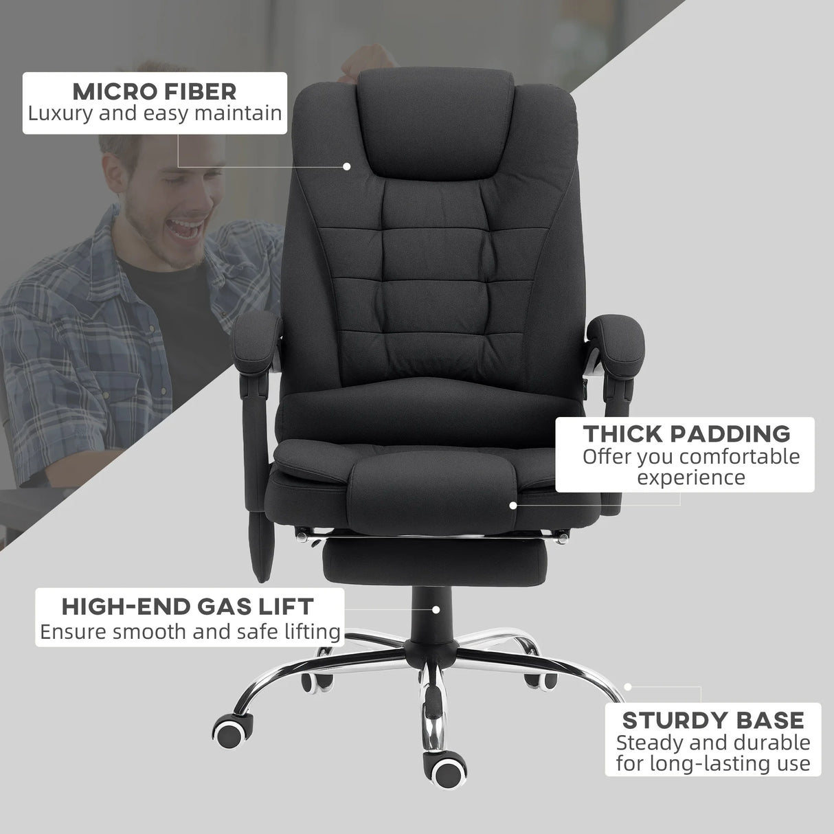Vinsetto Office Chair with 6 Point Massage and Back Heat, Microfibre Desk Chair with Footrest Adjustable Height and Swivel Wheels, Back Reclining, Full Black