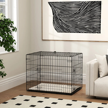 PawHut Foldable Dog Crate with 2 Doors with Tray, Soft Cushion, for Small Dogs, 75 x 49 x 53 cm, Black