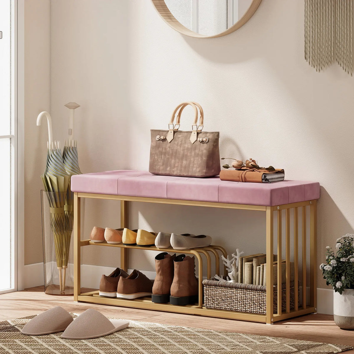 HOMCOM Bench and Shoe Storage, Tufted Shoe Storage Bench with Velvet Seat Cushion Gold Steel Frame for Entryway, Pink