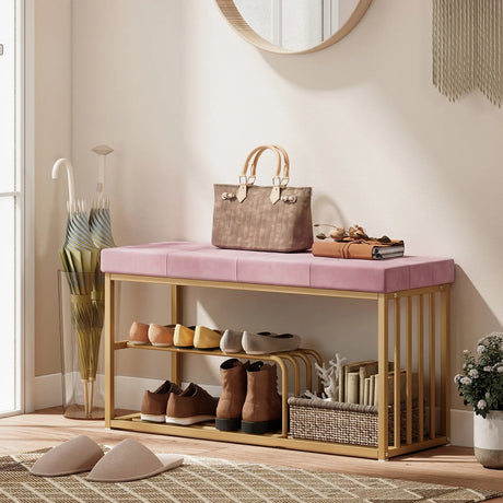 HOMCOM Bench and Shoe Storage, Tufted Shoe Storage Bench with Velvet Seat Cushion Gold Steel Frame for Entryway, Pink