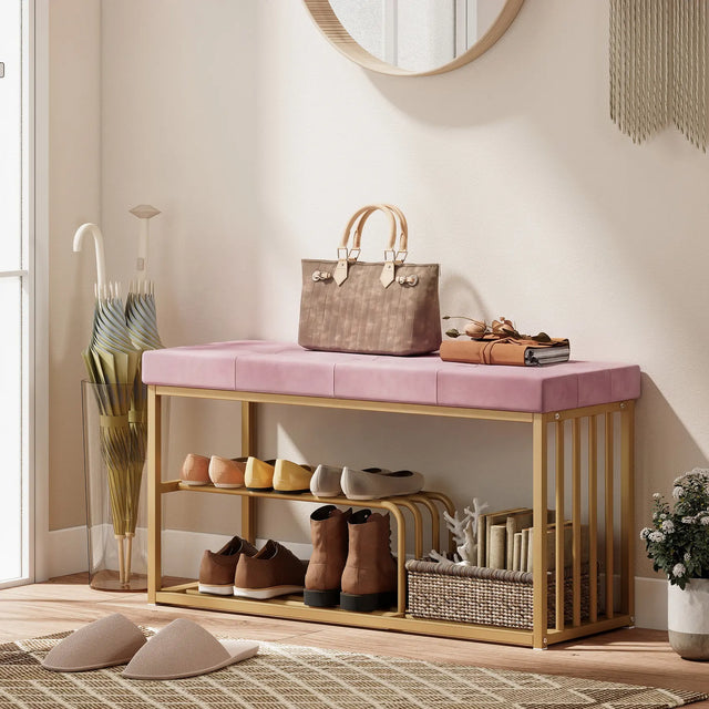 HOMCOM Bench and Shoe Storage, Tufted Shoe Storage Bench with Velvet Seat Cushion Gold Steel Frame for Entryway, Pink